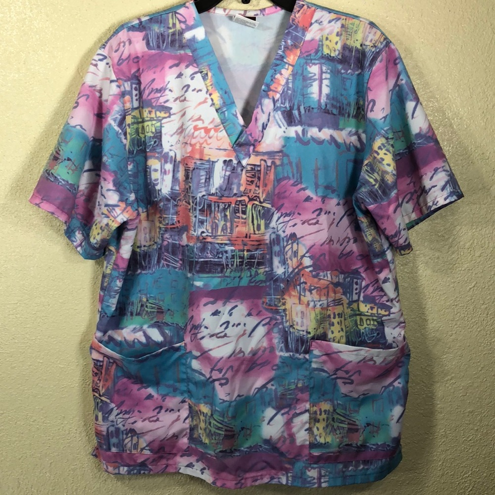 Barco Nurse Scrub Top Blouse Pink Blue Size M Pullover Short Sleeves